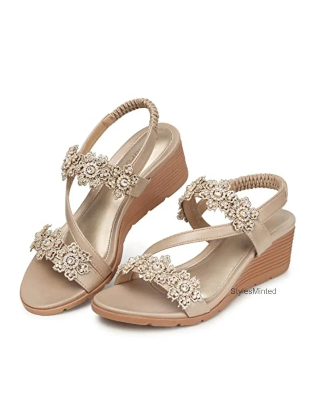Women's Wedge Sandals Dressy Bohemian Rhinestone Open Toe Low Heel Comfortable